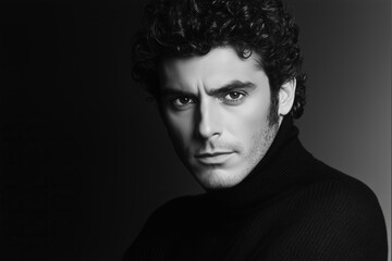 Fototapeta premium Black-and-white photograph of a charismatic masculine Italian man with curly hair, wearing a black turtleneck sweater