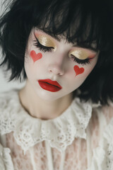 Fototapeta premium woman with black hair and pale skin, wearing a white dress with a lace collar, painted red lips, and gold eyeshadow in the shape of hearts, with black eyeliner. Sad clown makeup