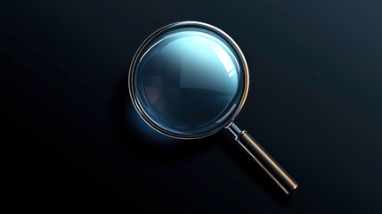 A magnifying glass with a shiny metal handle on a dark background.