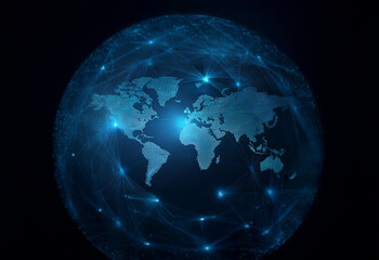 Fototapeta premium A stylized blue globe with glowing lines and nodes representing global connectivity.