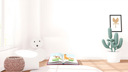 Cozy reading nook with a large open book, plush toys, and indoor plants in a bright, sunny room
