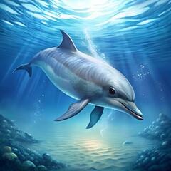 Obraz premium A curious swimming dolphin in the clear sea water