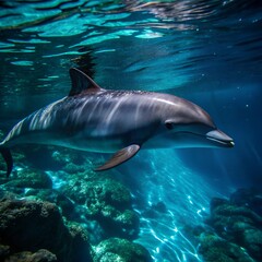 Fototapeta premium A curious swimming dolphin in the clear sea water