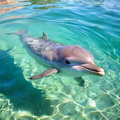 Fototapeta premium A curious swimming dolphin in the clear sea water