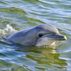 Obraz premium A curious swimming dolphin in the clear sea water