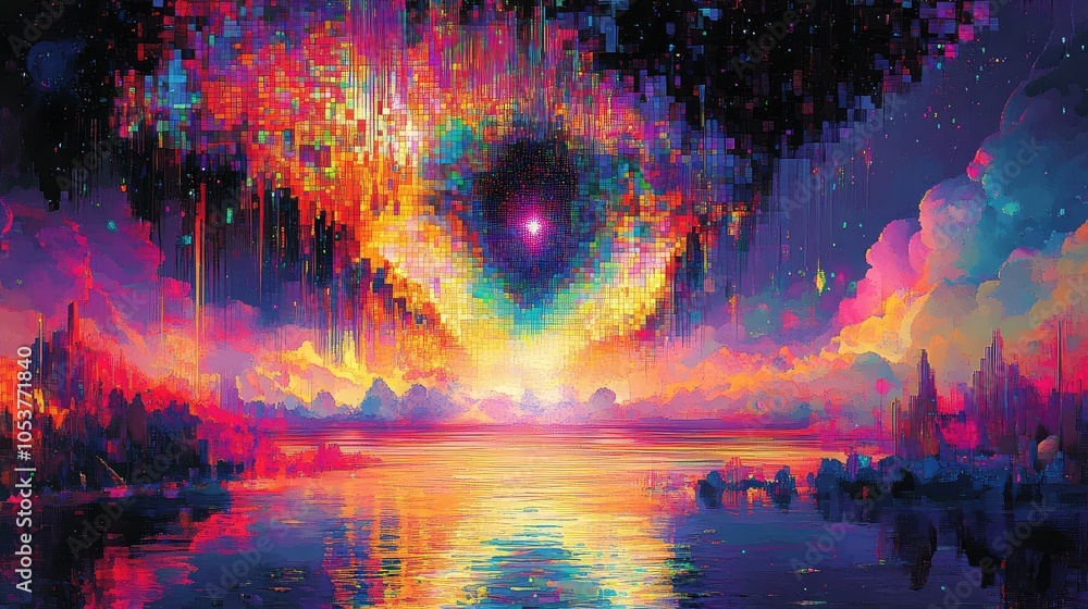Poster a dynamic portrayal of a geometric form dissolving into pixelated chaos above a lake, surrounded by 