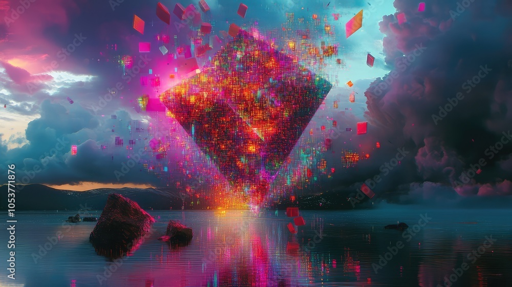 Poster a dynamic portrayal of a geometric form dissolving into pixelated chaos above a lake, surrounded by 