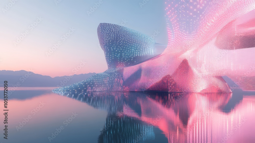 Aufkleber a fragmented geometric structure hovering over a calm lake, surrounded by swirling neon pink and blu
