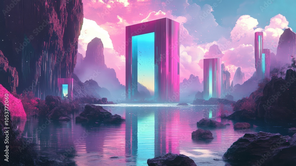 Aufkleber a fragmented geometric structure hovering over a calm lake, surrounded by swirling neon pink and blu