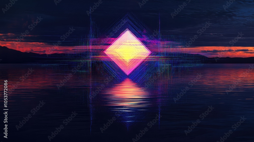 Poster a glitching geometric shape reflected in a dark lake, surrounded by distorted neon noise and pixelat