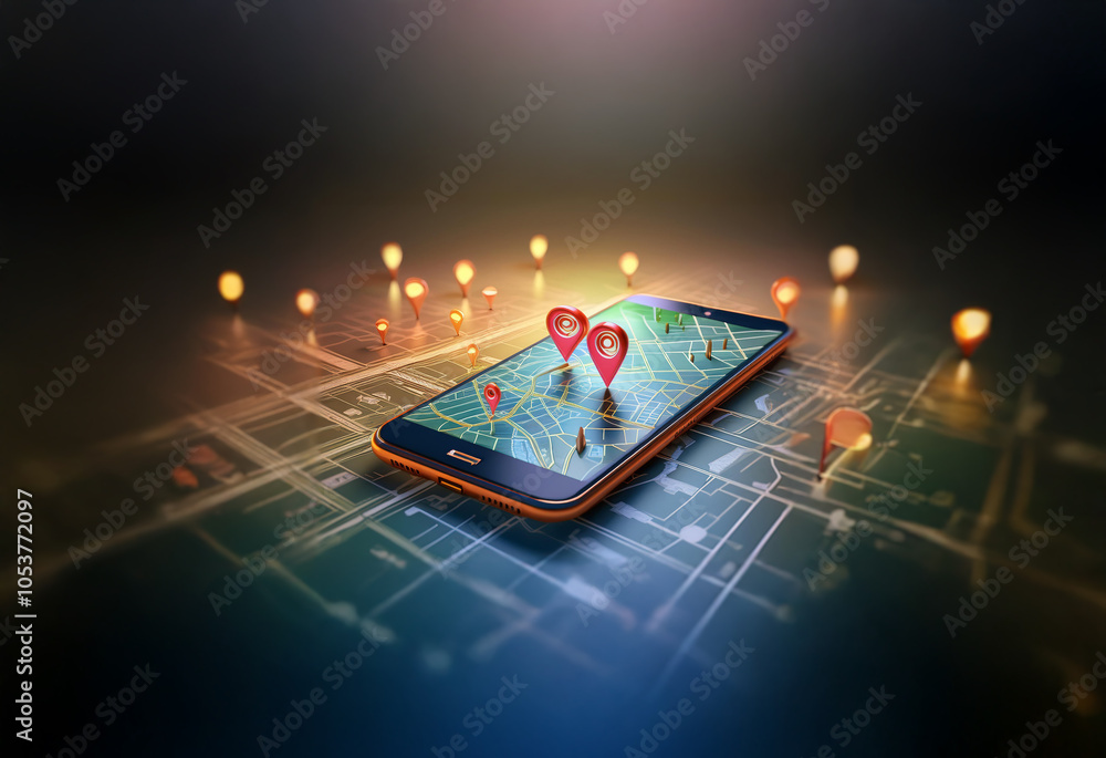 Leinwandbilder a smartphone displaying a map with red location pins, surrounded by glowing lights.
