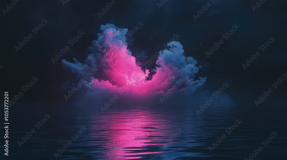 Poster a mesmerizing scene of a floating shape disintegrating into bright pink and blue noise above a dark 
