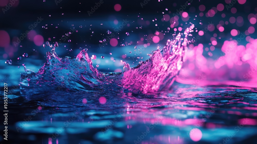 Poster a mesmerizing scene of a floating shape disintegrating into bright pink and blue noise above a dark 