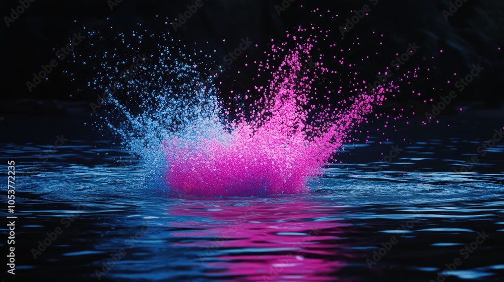 Poster a mesmerizing scene of a floating shape disintegrating into bright pink and blue noise above a dark 