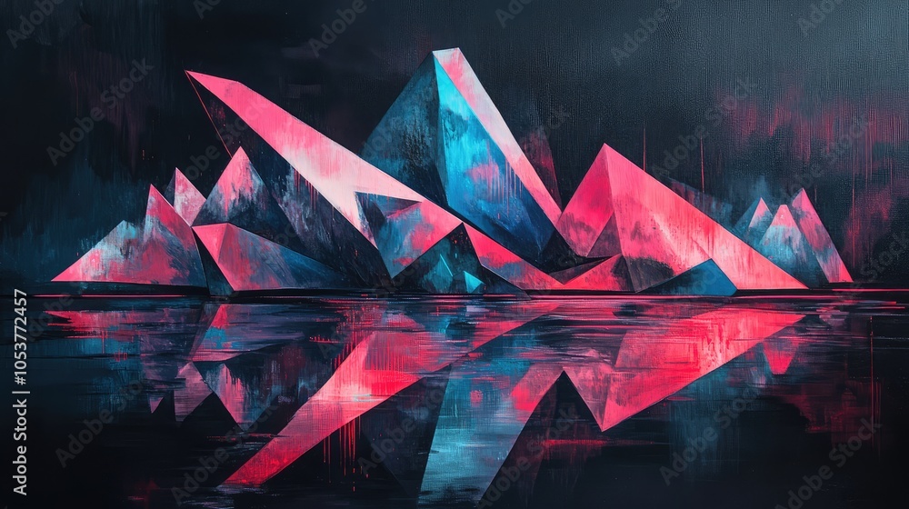 Poster a surreal portrayal of a geometric structure dissolving into neon pinks and blues, casting distorted