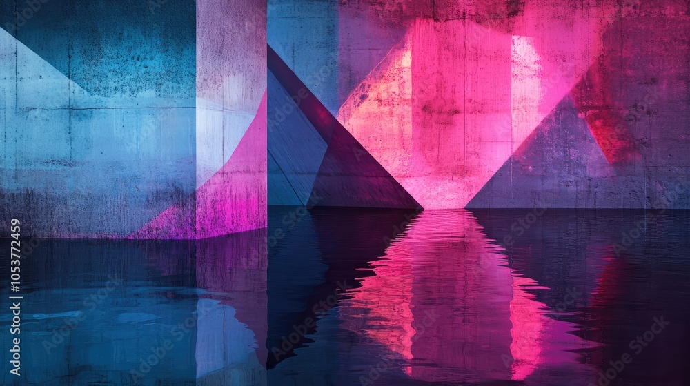 Poster a surreal portrayal of a geometric structure dissolving into neon pinks and blues, casting distorted