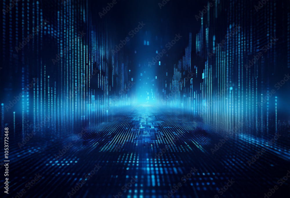 Poster a dark blue abstract digital background with glowing lights and a grid pattern.