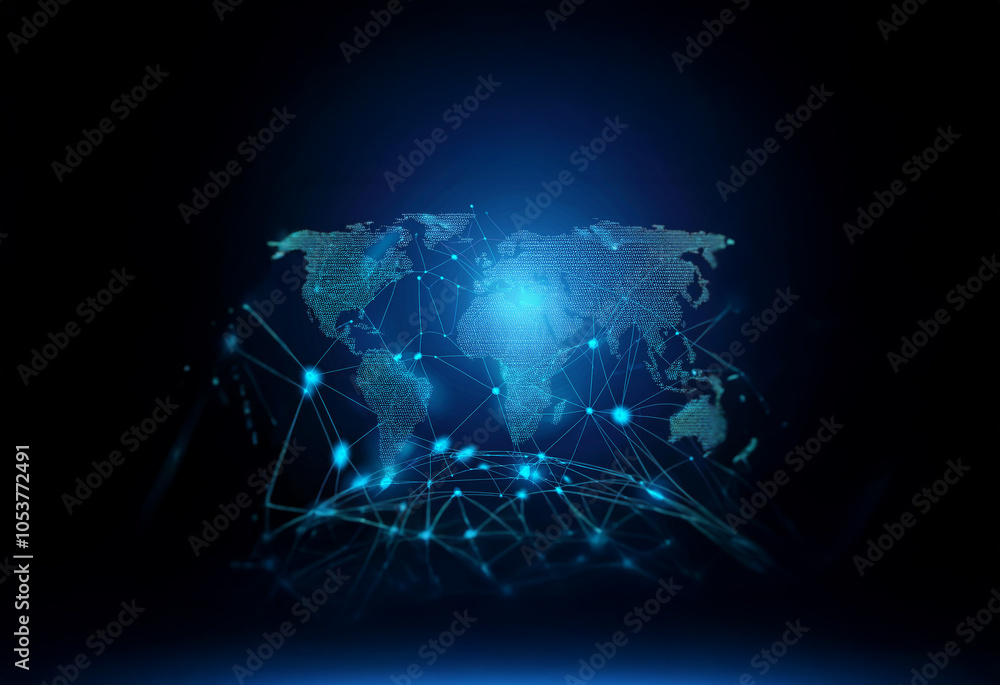 Aufkleber a glowing, digital world map with connected lines and nodes in a dark blue background.