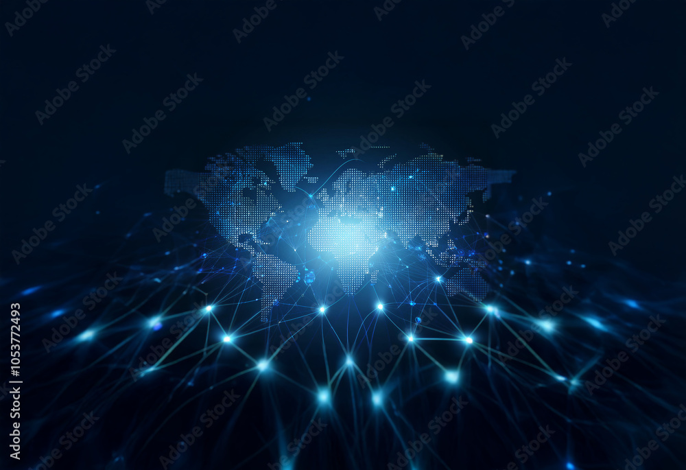 Poster A world map surrounded by a network of glowing blue lines and points of light, representing global connection and digital communication.