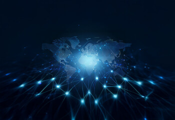 Obraz premium A world map surrounded by a network of glowing blue lines and points of light, representing global connection and digital communication.
