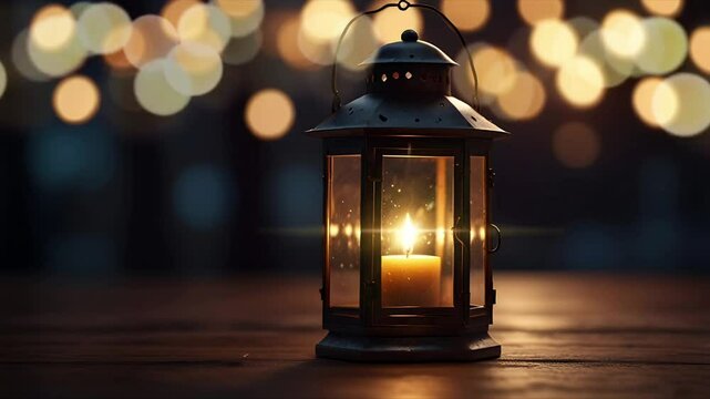 An old lantern lamp on a wooden board with bokeh effect. Seamless 4K looping timelapse video animation background