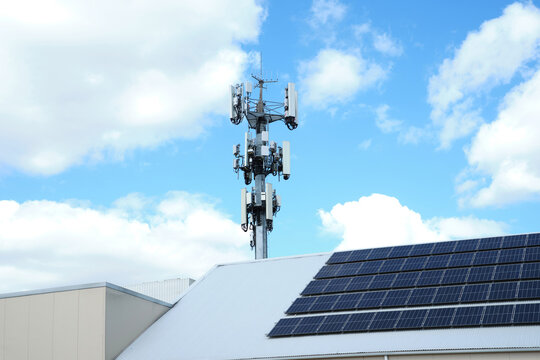 a cell tower with multiple antennas, transceivers, and other communication equipment.