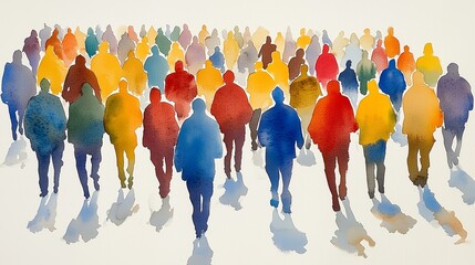 Obraz premium A watercolor painting of a crowd of people walking away.