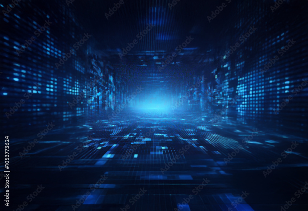 Poster A dark, digital tunnel with glowing blue light at the end, surrounded by lines and squares of code.