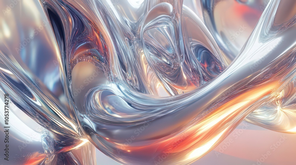 Poster abstract metallic background with flowing liquid silver and red light.