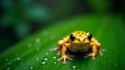 Fototapeta premium Beautiful yellow frog sitting on tropical jungle leaf. Blurred green lush foliage with rain drops background, amazing nature closeup, peaceful. Exotic animal wildlife macro. Generative Ai