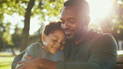 Obraz premium Father and son enjoying a sunny day in the park, creating precious memories. Family bonding and joyful outdoor moments.