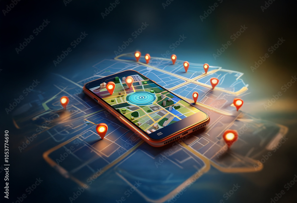 Fototapete A smartphone displaying a map with multiple location pins surrounding it.