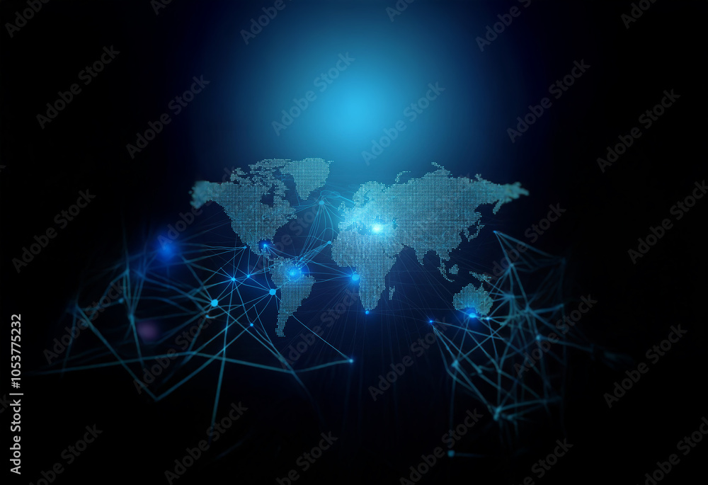 Poster a stylized world map with connected lines and glowing dots on a black background.