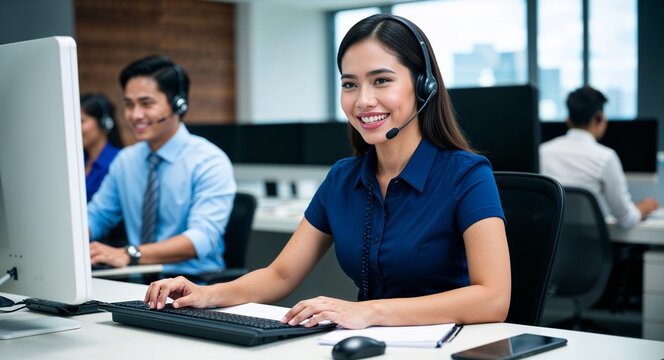 Filipino call center agent typing notes friendly smile headset on modern office with computers early twenties female