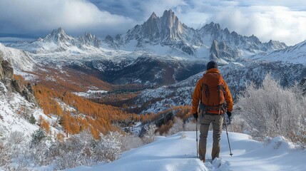 Fototapeta premium A lone hiker pauses on a snowy mountain pass, gazing at majestic snow-capped peaks.