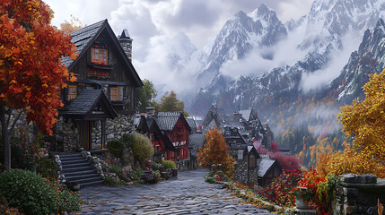 Obraz premium A scenic mountain village with charming, rustic houses along cobblestone streets, nestled against a backdrop of towering peaks and misty valleys, showcasing the timeless appeal of this picturesque 