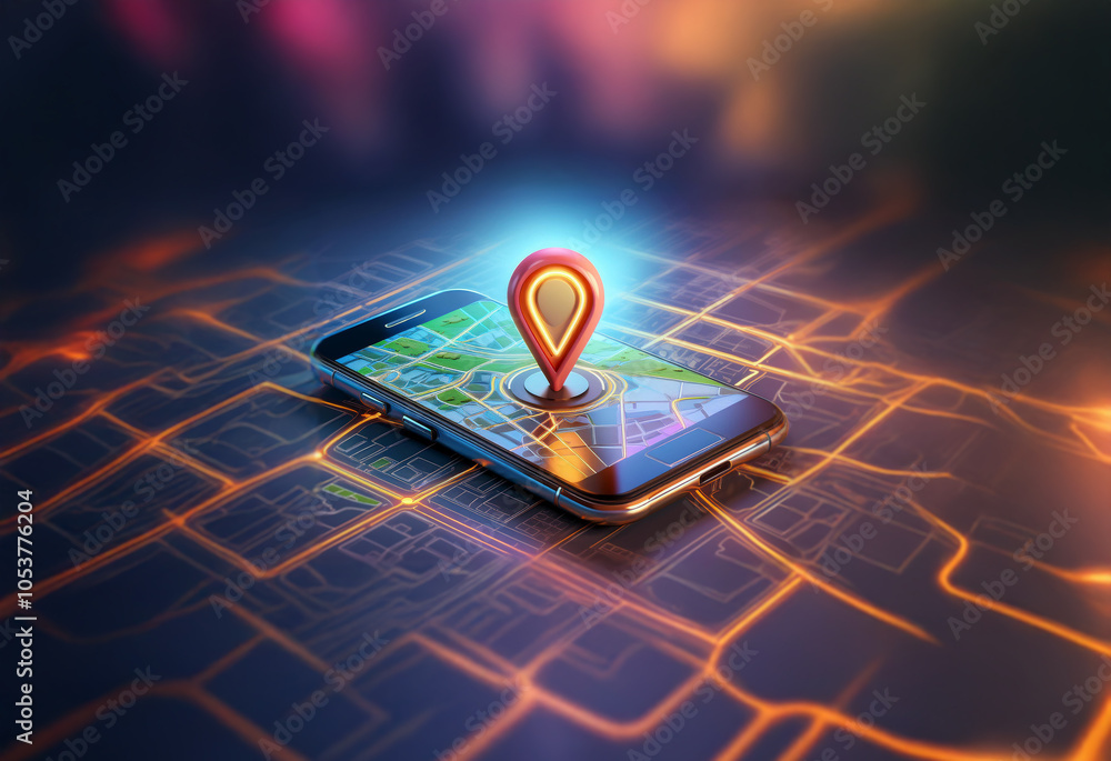 Poster a glowing red pin sits atop a smartphone displaying a city map.