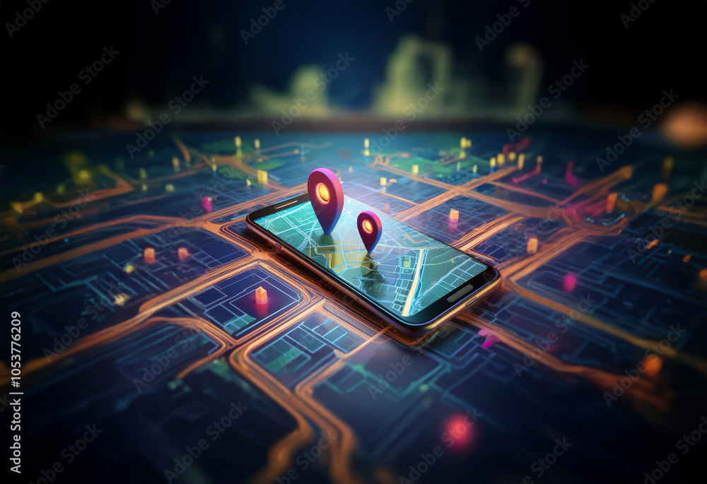 Leinwandbilder a smartphone sits atop a glowing city map with location pins highlighting various points of interest