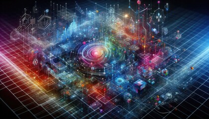 Obraz premium 3D Digital Artwork of Machine Learning with Geometric Grids, Abstract Layers, and Data Clusters, Emphasizing AI Algorithms and Intelligent Computing