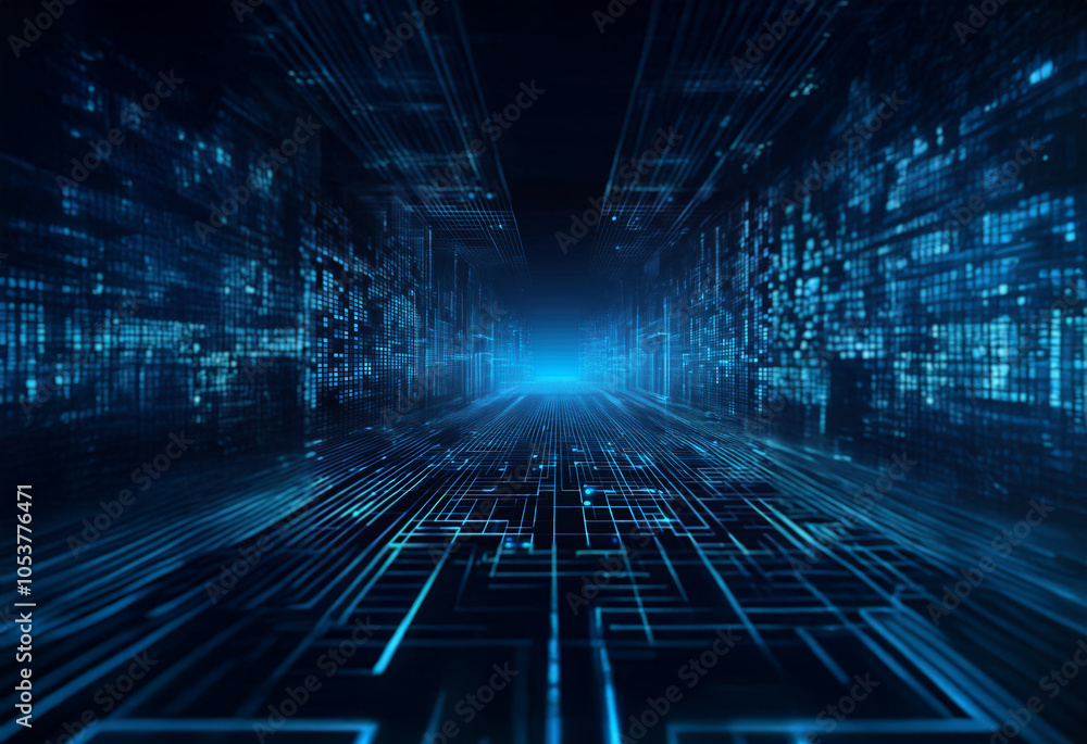 Leinwandbilder a dark blue digital corridor with glowing blue lines forming a grid pattern and digital data flowing