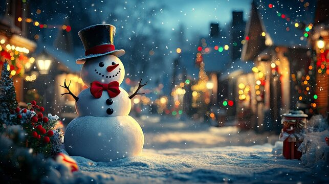 A classic snowman with a red bow tie and a top hat, set against a backdrop of a snowy village street with holiday lights and decorations.