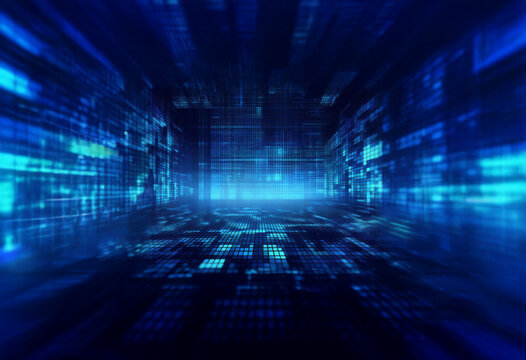 A digital abstract of a dark blue space with blue and green coding symbols.