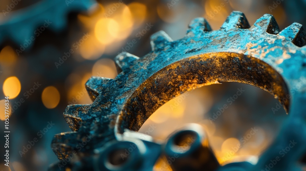 Poster abstract metallic cogwheel with a dynamic blurred backdrop, emphasizing intricate details and indust