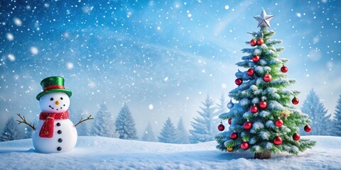 Snowman and Christmas tree in a snowy winter scene , winter, holiday, festive, decorations, seasonal, outdoor, snow, fun