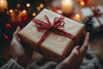 A person is holding a brown box with a red ribbon and a snowflake design on it