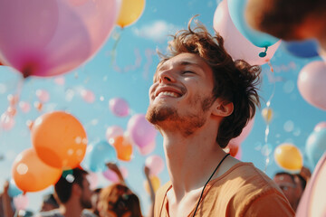 Young woman man child people pet enjoying the festival of hot air balloons, capturing selfie colorful balloons in the sky