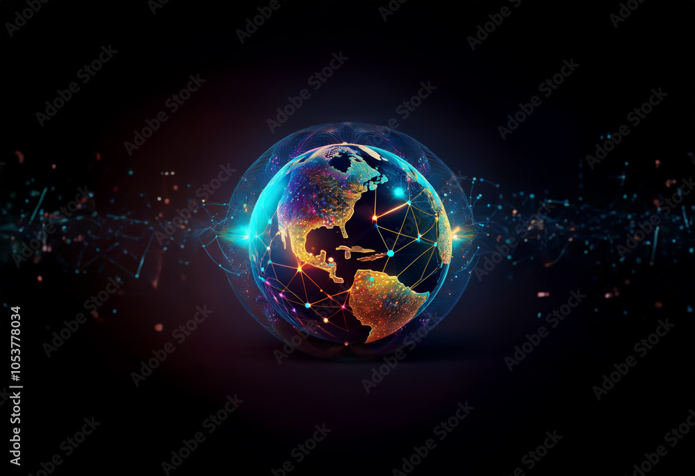 Poster A glowing, digital representation of Earth encased in a translucent sphere with connecting lines of light extending outwards.