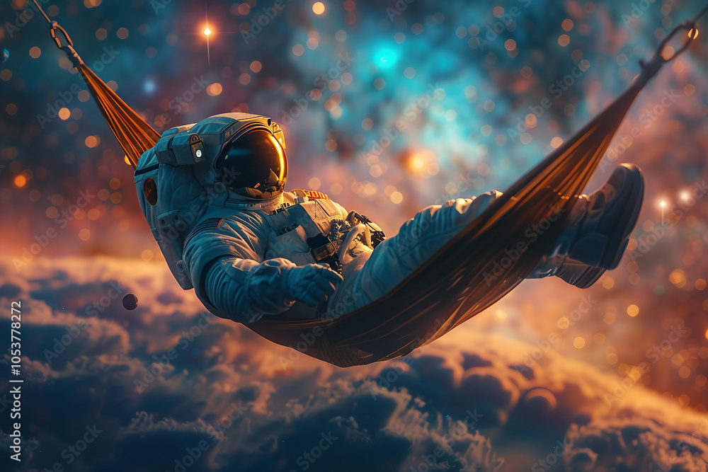 Poster astronaut in floating flowing space, modern spacesuit reflecting earth and technology, generative ai