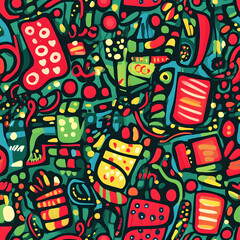 Obraz premium Seamless Pattern Whimsical Christmas and New Year Doodles Featuring Festive Icons, Cozy Winter Scenes, and Seasonal Decorations in Vibrant Colors