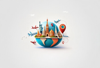 Fototapeta premium A globe with famous landmarks surrounded by airplanes and map pins, symbolizing global travel.